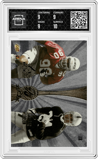 Peyton Manning / Ryan Leaf / Andre Wadsworth / Charles Woodson from the 1998 Playoff Absolute SSD Hobby set graded by Arena Club and given an overall grade of 9.5.