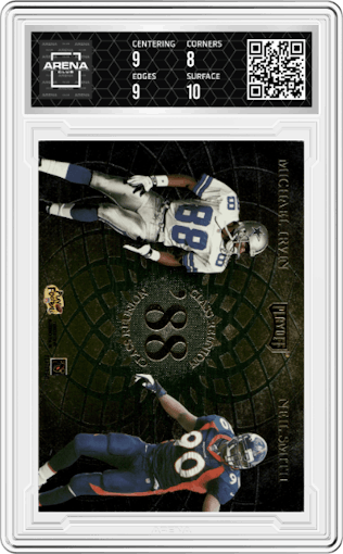 Tim Brown / Chris Chandler / Michael Irvin / Neil Smith  from the 1998 Playoff Momentum SSD Hobby set graded by Arena Club and given an overall grade of 8.5.