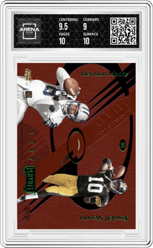 Elvis Grbac/Chris Warren/Herman Moore/Kordell Stewart from the 1997 Playoff Absolute Beginnings set graded by Arena Club and given an overall grade of 9.5.