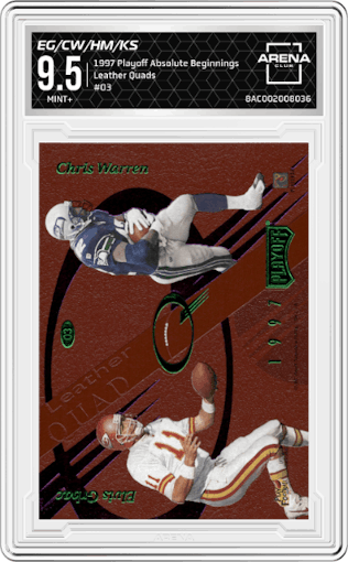 Elvis Grbac/Chris Warren/Herman Moore/Kordell Stewart from the 1997 Playoff Absolute Beginnings set graded by Arena Club and given an overall grade of 9.5.