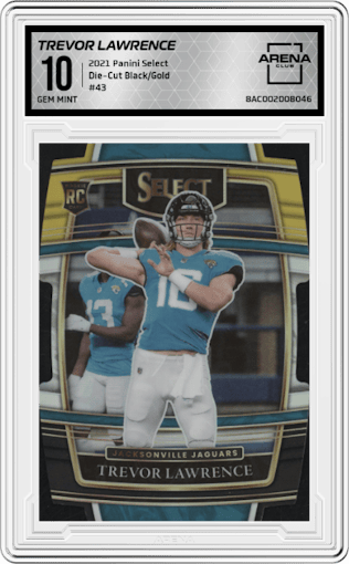 Trevor Lawrence from the 2021 Panini Select set featuring a Die-Cut Black/Gold parallel graded by Arena Club and given an overall grade of 10.