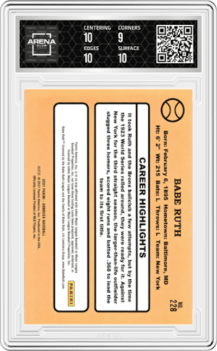 Babe Ruth from the 2021 Panini Donruss set featuring a Red parallel graded by Arena Club and given an overall grade of 9.5.