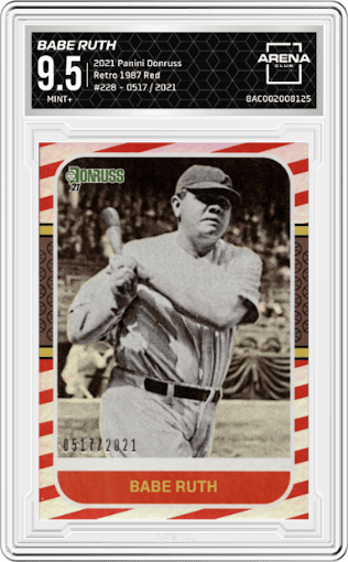 Babe Ruth from the 2021 Panini Donruss set featuring a Red parallel graded by Arena Club and given an overall grade of 9.5.