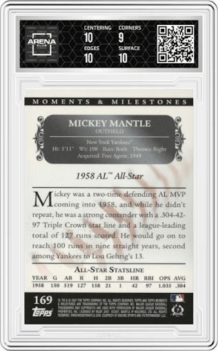 Mickey Mantle from the 2007 Topps Moments & Milestones set graded by Arena Club and given an overall grade of 9.5.