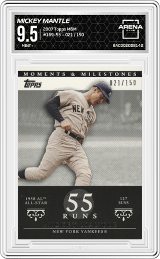 Mickey Mantle from the 2007 Topps Moments & Milestones set graded by Arena Club and given an overall grade of 9.5.