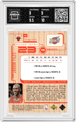 Michael Jordan from the 1998-99 Upper Deck Michael Jordan Living Legend set graded by Arena Club and given an overall grade of 8.5.