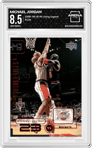Michael Jordan from the 1998-99 Upper Deck Michael Jordan Living Legend set graded by Arena Club and given an overall grade of 8.5.