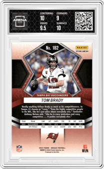 Tom Brady from the 2022 Panini Mosaic set featuring a Pink Camo parallel graded by Arena Club and given an overall grade of 9.5.