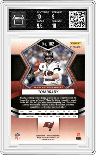 Tom Brady from the 2022 Panini Mosaic set featuring a Pink Camo parallel graded by Arena Club and given an overall grade of 9.5.