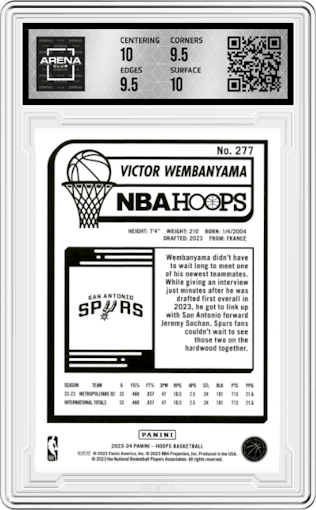 Victor Wembanyama from the 2023-24 Panini NBA Hoops set graded by Arena Club and given an overall grade of 10.