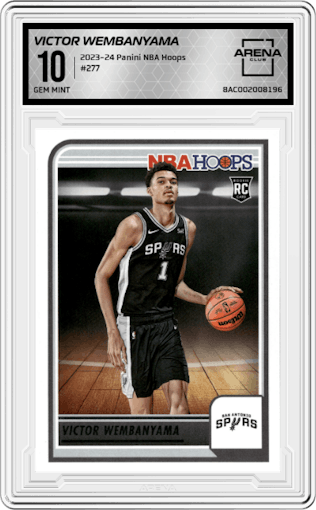 Victor Wembanyama from the 2023-24 Panini NBA Hoops set graded by Arena Club and given an overall grade of 10.