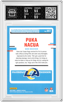 Puka Nacua from the 2023 Panini Donruss set graded by Arena Club and given an overall grade of 9.5.