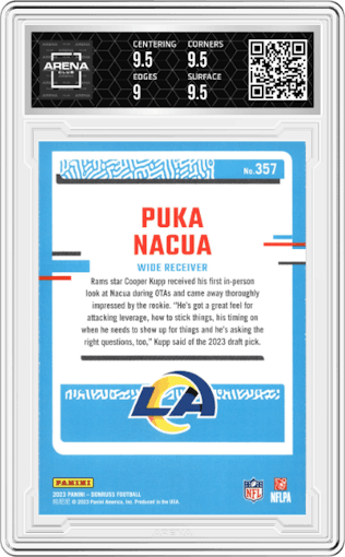 Puka Nacua from the 2023 Panini Donruss set graded by Arena Club and given an overall grade of 9.5.
