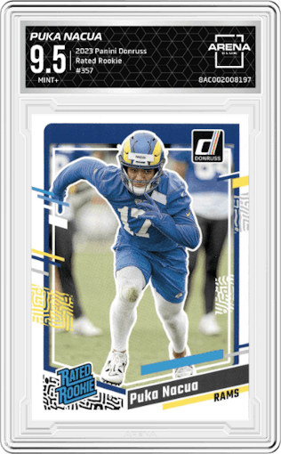 Puka Nacua from the 2023 Panini Donruss set graded by Arena Club and given an overall grade of 9.5.
