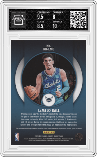 LaMelo Ball from the 2023-24 Panini NBA Hoops set graded by Arena Club and given an overall grade of 8.5.