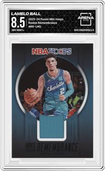 LaMelo Ball from the 2023-24 Panini NBA Hoops set graded by Arena Club and given an overall grade of 8.5.