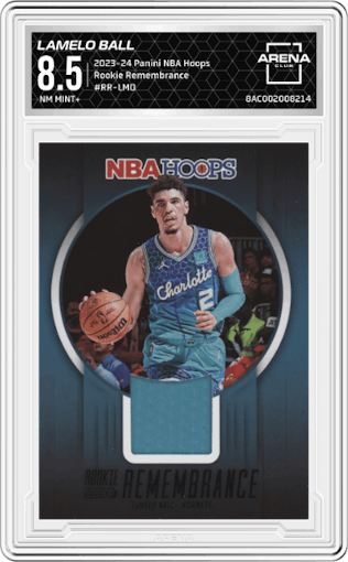 LaMelo Ball from the 2023-24 Panini NBA Hoops set graded by Arena Club and given an overall grade of 8.5.