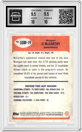 JJ McCarthy from the 2023 Bowman Chrome University set graded by Arena Club and given an overall grade of 10.