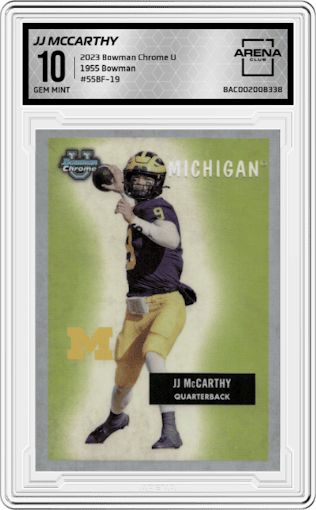JJ McCarthy from the 2023 Bowman Chrome University set graded by Arena Club and given an overall grade of 10.
