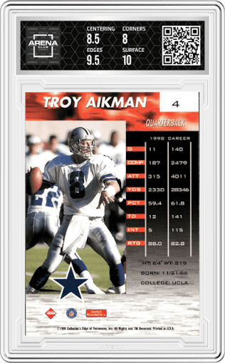 Troy Aikman from the 1999 Collector's Edge Fury set featuring a Gold Ingot parallel graded by Arena Club and given an overall grade of 8.5.