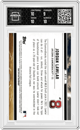 Jordan Lawlar from the 2023 Bowman  set graded by Arena Club and given an overall grade of 9.5.