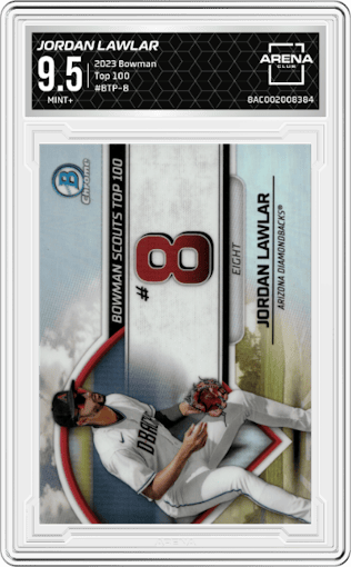Jordan Lawlar from the 2023 Bowman  set graded by Arena Club and given an overall grade of 9.5.