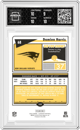 Damien Harris from the 2022 Panini Classics set featuring a Timeless Tributes Gold parallel graded by Arena Club and given an overall grade of 9.5.