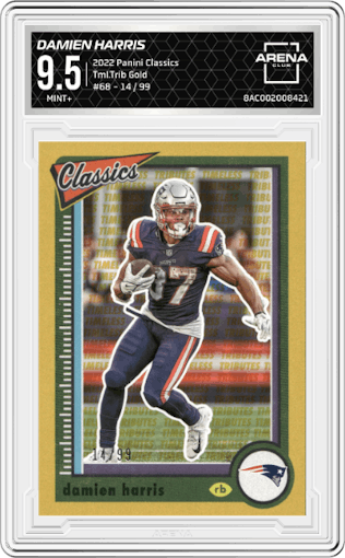 Damien Harris from the 2022 Panini Classics set featuring a Timeless Tributes Gold parallel graded by Arena Club and given an overall grade of 9.5.