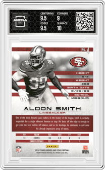 Aldon Smith from the 2014 Panini Rookies & Stars set featuring a Longevity Gold parallel graded by Arena Club and given an overall grade of 9.5.