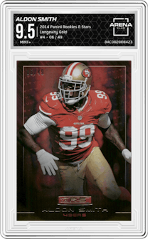 Aldon Smith from the 2014 Panini Rookies & Stars set featuring a Longevity Gold parallel graded by Arena Club and given an overall grade of 9.5.