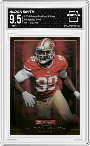 Aldon Smith from the 2014 Panini Rookies & Stars set featuring a Longevity Gold parallel graded by Arena Club and given an overall grade of 9.5.