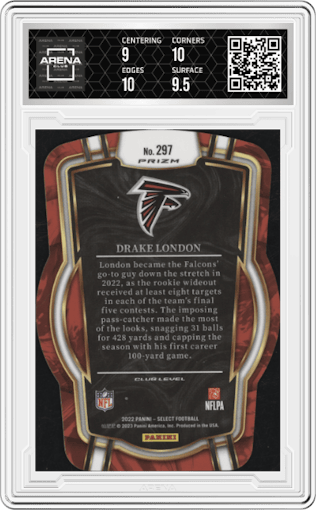 Drake London  from the 2022 Panini Select set featuring a Die-Cut Black/Red parallel graded by Arena Club and given an overall grade of 9.5.