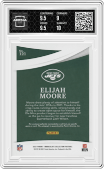 Elijah Moore from the 2021 Panini Immaculate Collection set graded by Arena Club and given an overall grade of 9.5.