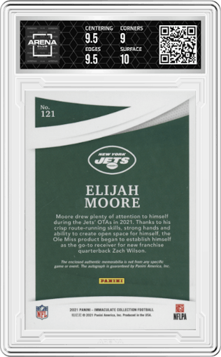 Elijah Moore from the 2021 Panini Immaculate Collection set graded by Arena Club and given an overall grade of 9.5.