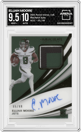 Elijah Moore from the 2021 Panini Immaculate Collection set graded by Arena Club and given an overall grade of 9.5.
