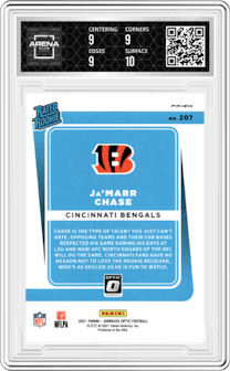 Ja'Marr Chase from the 2021 Panini Donruss Optic set featuring a Purple Shock parallel graded by Arena Club and given an overall grade of 9.5.