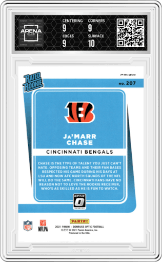 Ja'Marr Chase from the 2021 Panini Donruss Optic set featuring a Purple Shock parallel graded by Arena Club and given an overall grade of 9.5.