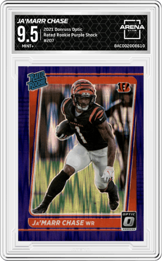 Ja'Marr Chase from the 2021 Panini Donruss Optic set featuring a Purple Shock parallel graded by Arena Club and given an overall grade of 9.5.