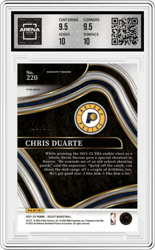 Chris Duarte from the 2021-22 Panini Select set featuring a Disco Blue parallel graded by Arena Club and given an overall grade of 10.