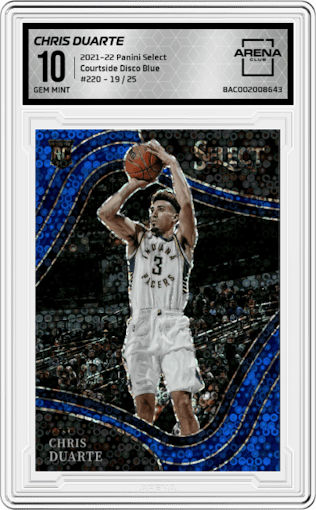 Chris Duarte from the 2021-22 Panini Select set featuring a Disco Blue parallel graded by Arena Club and given an overall grade of 10.