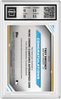 Trey Sweeney from the 2022 Bowman Chrome set featuring a Orange Refractor parallel graded by Arena Club and given an overall grade of 10.