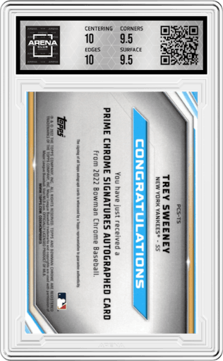 Trey Sweeney from the 2022 Bowman Chrome set featuring a Orange Refractor parallel graded by Arena Club and given an overall grade of 10.