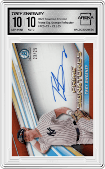 Trey Sweeney from the 2022 Bowman Chrome set featuring a Orange Refractor parallel graded by Arena Club and given an overall grade of 10.