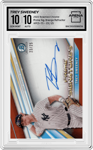 Trey Sweeney from the 2022 Bowman Chrome set featuring a Orange Refractor parallel graded by Arena Club and given an overall grade of 10.
