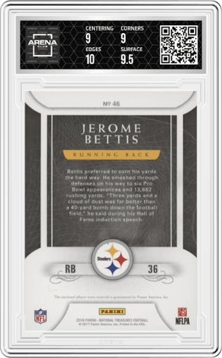 Jerome Bettis from the 2016 Panini National Treasures set graded by Arena Club and given an overall grade of 9.5.