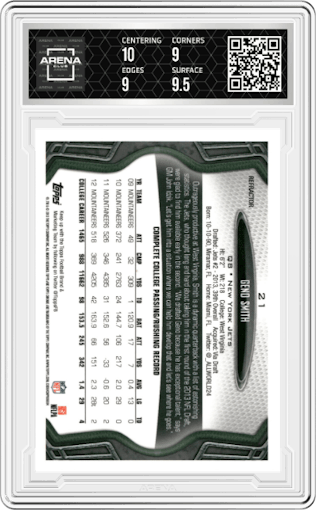 Geno Smith from the 2013 Topps Chrome set featuring a Refractor parallel graded by Arena Club and given an overall grade of 9.5.