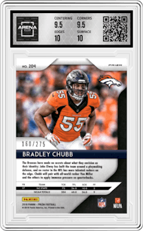 Bradley Chubb from the 2018 Panini Prizm set featuring a Hyper parallel graded by Arena Club and given an overall grade of 10.