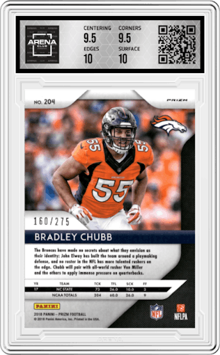 Bradley Chubb from the 2018 Panini Prizm set featuring a Hyper parallel graded by Arena Club and given an overall grade of 10.