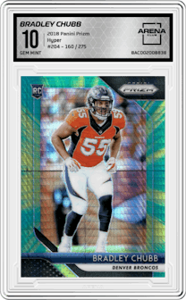 Bradley Chubb from the 2018 Panini Prizm set featuring a Hyper parallel graded by Arena Club and given an overall grade of 10.