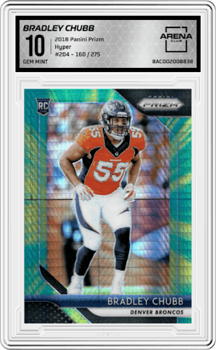 Bradley Chubb from the 2018 Panini Prizm set featuring a Hyper parallel graded by Arena Club and given an overall grade of 10.